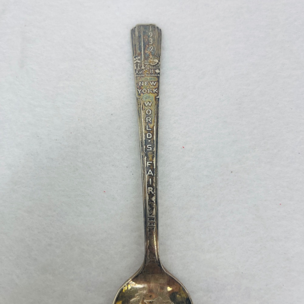 1939 New York Worlds Fair Souvenir Spoon Silver Art Deco Theme Building Fair